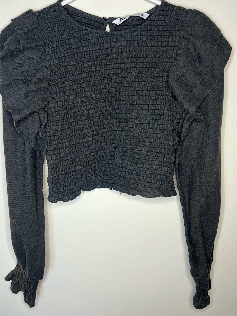 Zara Dark Gray Long Balloon Sleeve Ruffle Smocked Crop Top